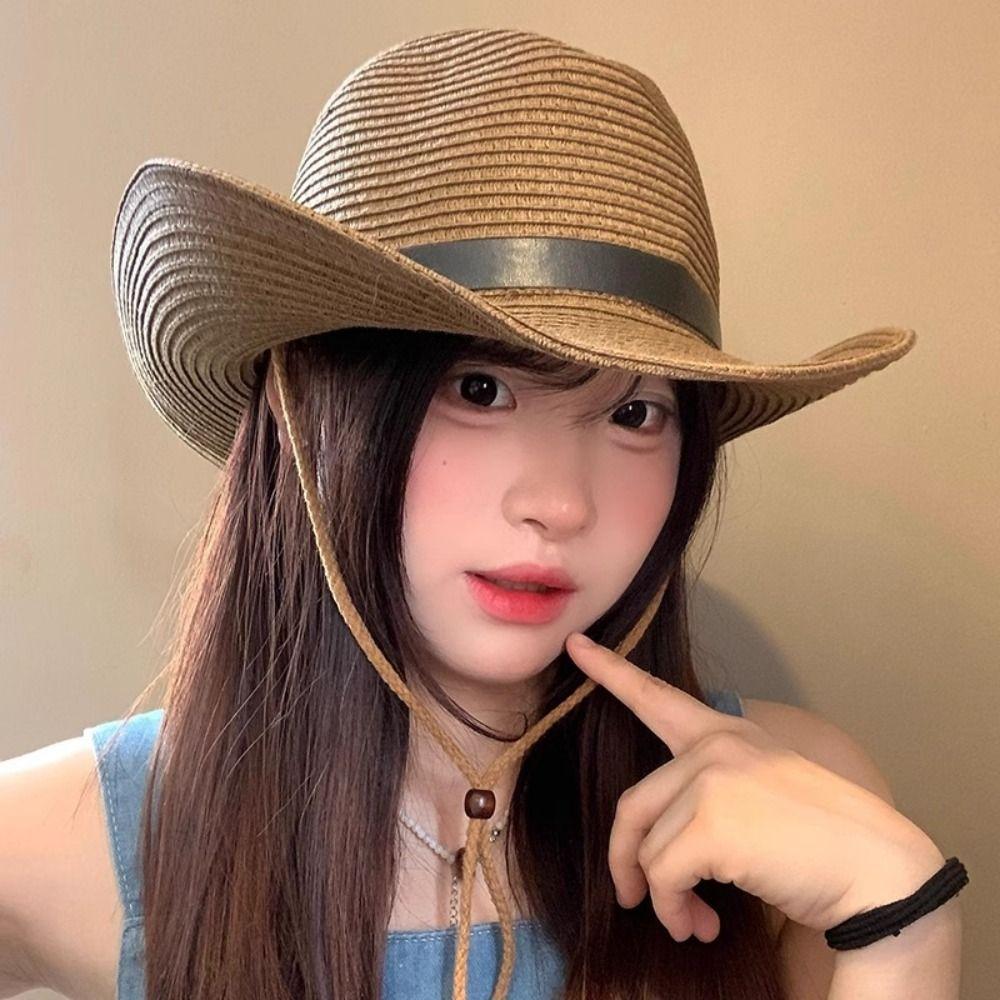 Foldable Straw Visor Hat Wide Brim Sun Protection Cap Fashion Western Cowboy Hat  Women Men
