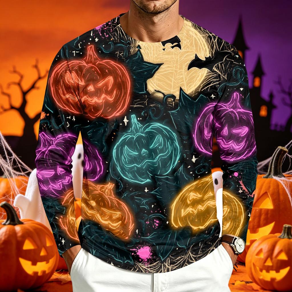 Men's Casual Long Sleeve Halloween Printed T-Shirt for Everyday Wear