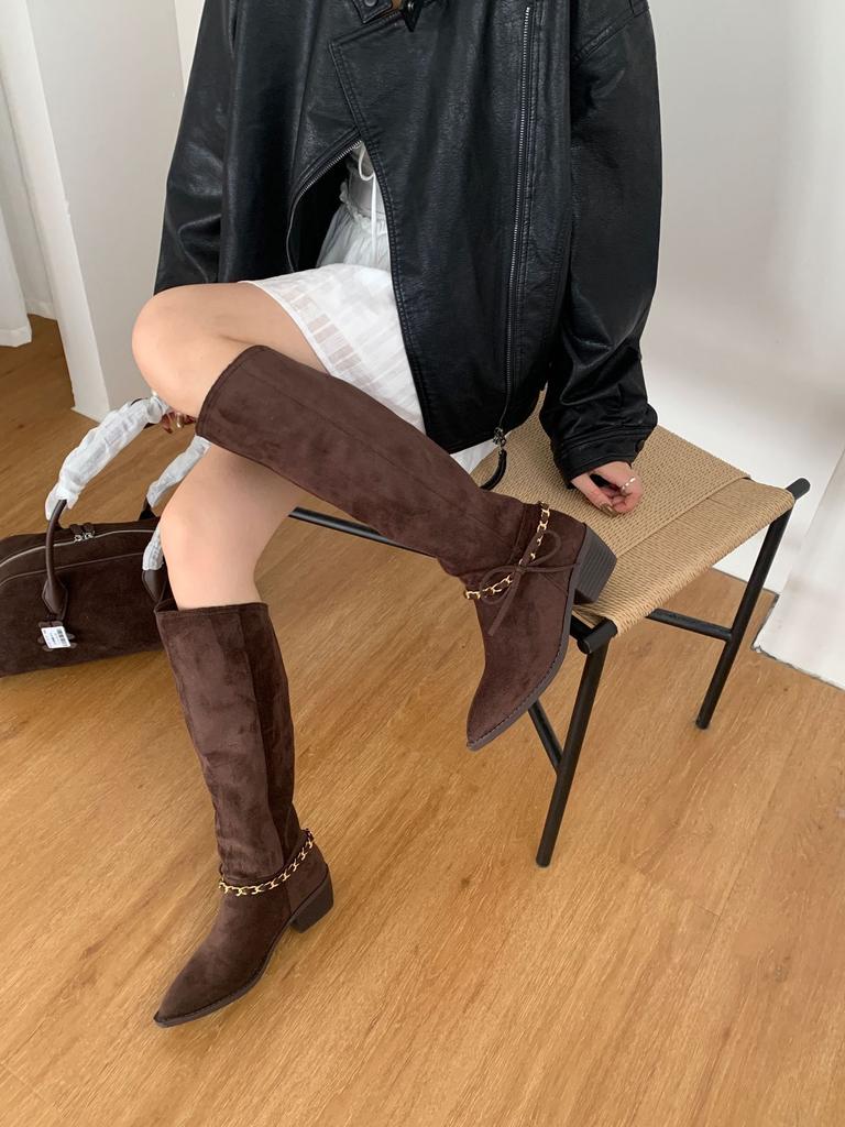 Fashion temperament elastic thin boots fashion short boots French retro suede pointed thin heels short boots women's new chain