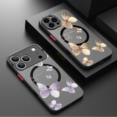 Magnetic Retro Butterfly Pattern Phone Case For iPhone 17 15 16 Pro Max 14 13 Pro 17 For Magsafe Wireless Charge Soft Edge Cover