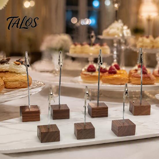 Wooden Bill Fork Cube Memo Clip Stand, Note Display Solid Wood Square Base Office Document Stand Card Holder, Vertical Receipt Holder for Wedding