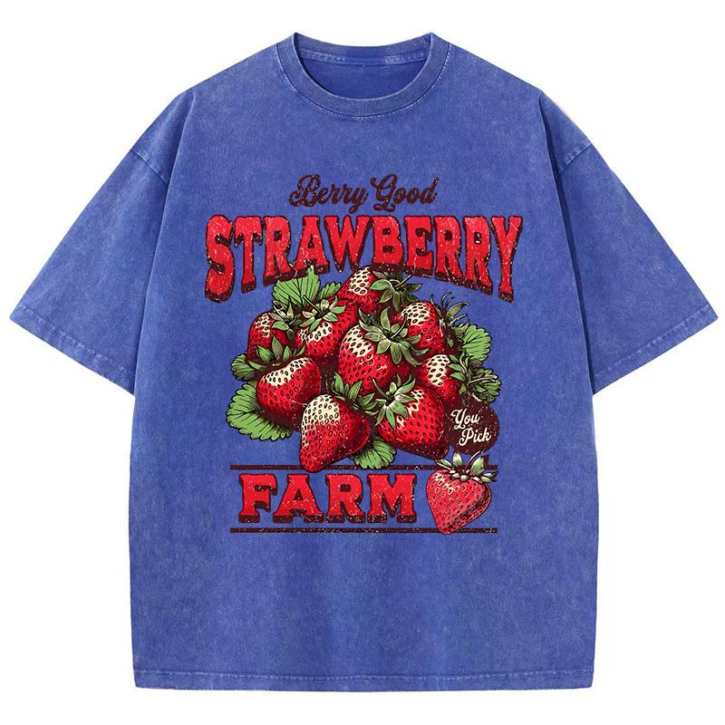 Cotton Womans Acid Wash T-Shirts Strawberry Farm Retro Prints Tees Comfortable Crewneck Oversized Tops Fashion Clothes