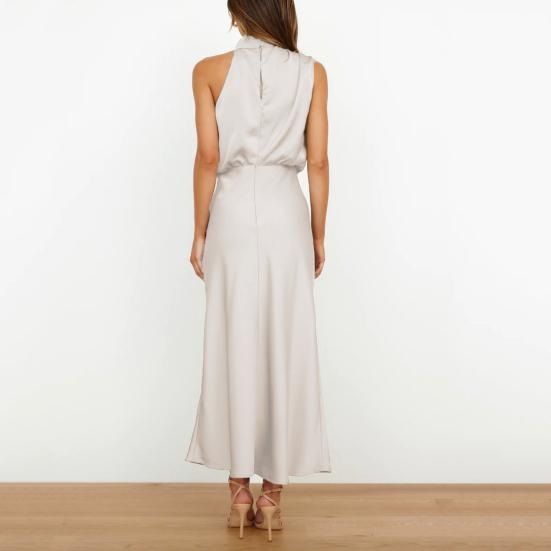 Stehkragen Neckholder ärmellose Taille enges Damenkleid Glattes Satin Midi-Abendkleid mit lockerem Saum