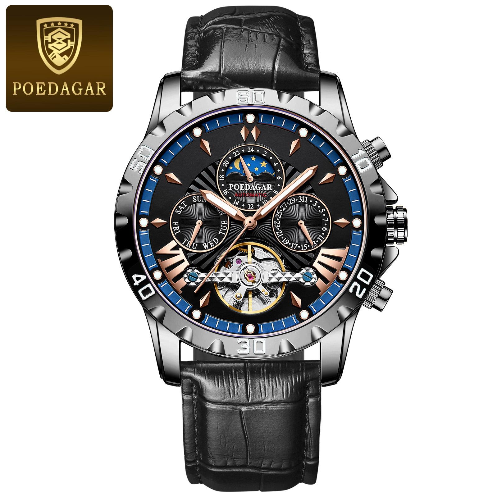 

POEDAGAR Luxury Automatic Wristwatch Waterproof Luminous Date Week Leather Men Watch Tourbillon Mechanical Fashion Watches чорний/синій