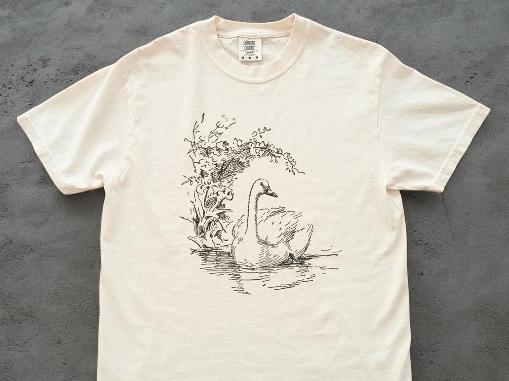 Linocut Swan T-Shirt – Engraved Bird Print, Nature Lover Gift, Black Ink Design, Handmade Style Tee