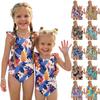Girls One Piece Swimsuit Hawaiian Print Kids Swimwear Toddler Child Beachwear Sleeveless Ruffle Shoulder Bathing Suit for Summer Pool