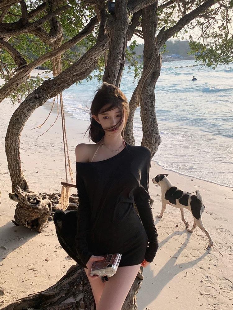 Seaside vacation bikini swimsuit with blouse can go swimming Royal sister fan loose sexy sunscreen beachwear S чёрный