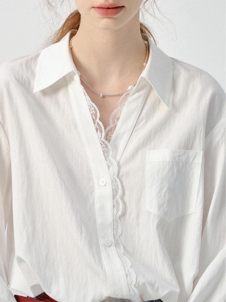 Women's VEGA Long Sleeve White Shirt - 2026 Spring Auroral Style with Lace Trim