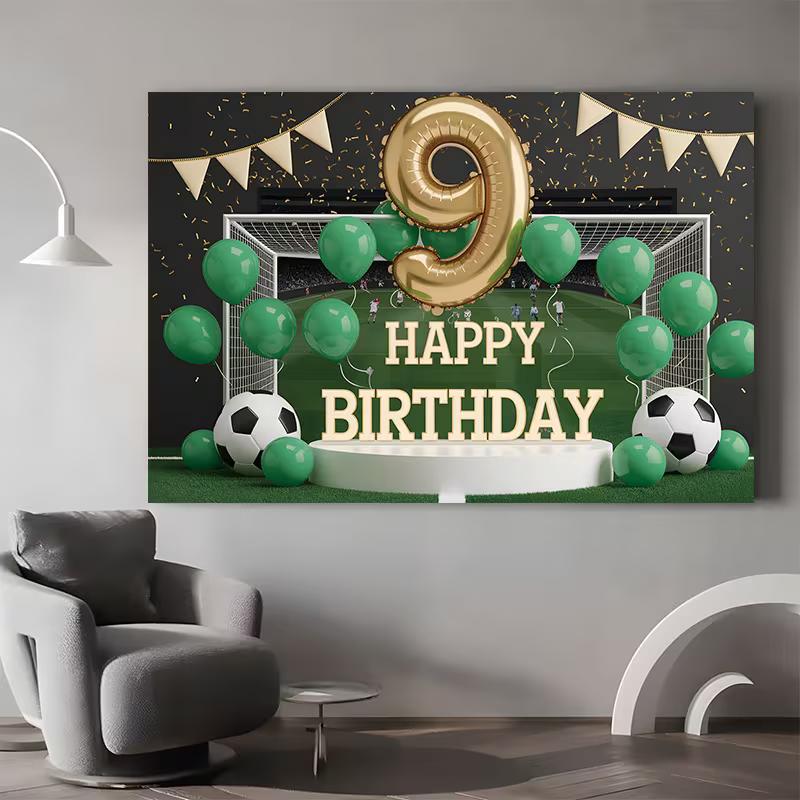 2D Soccer 9th Birthday Backdrop, Football Field Party Background for Boys