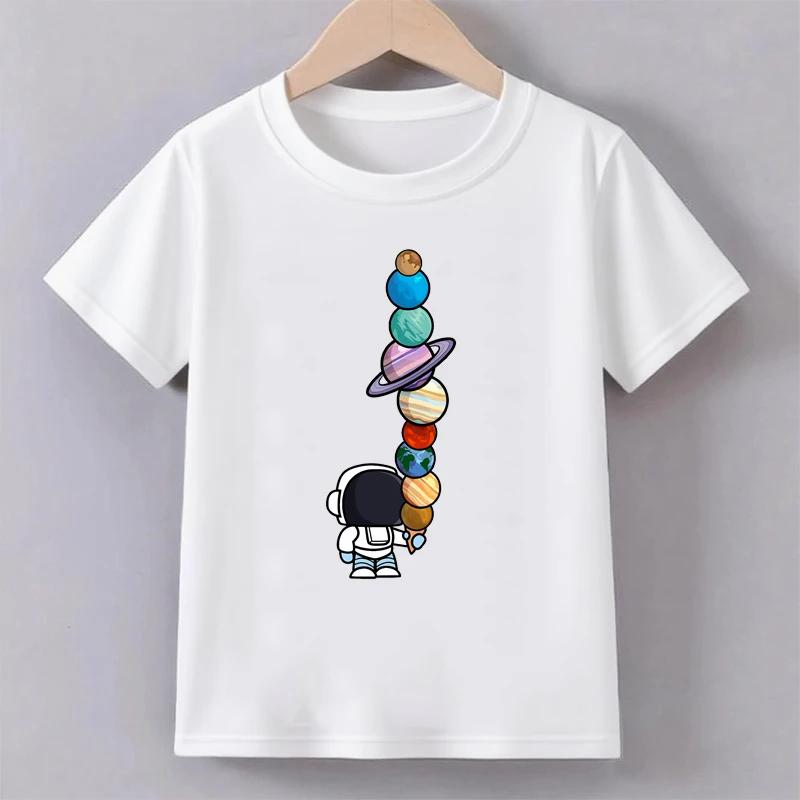 Teenage astronaut Planeet printed T-shirt summer boy fashionable casual fun round neck short sleeved children's color top T-shirt