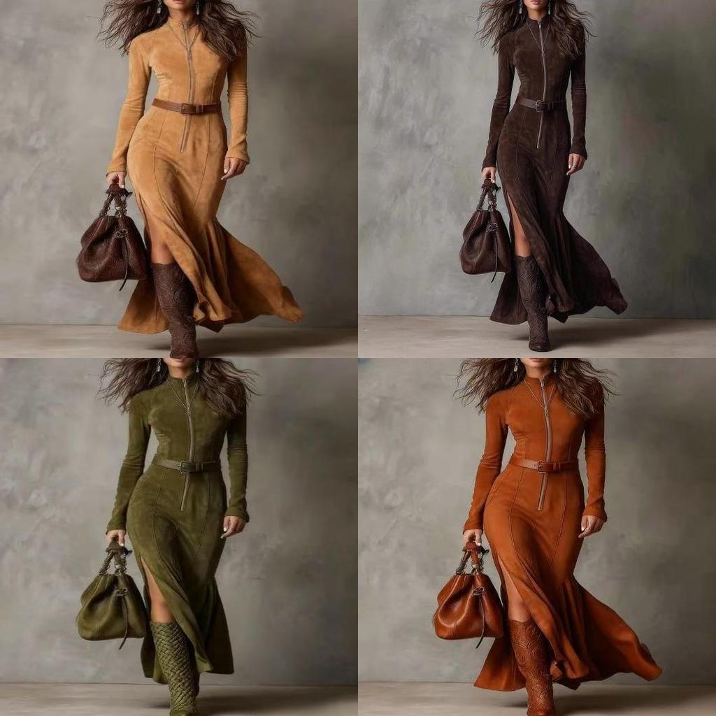 Elegant Sweater Dress With Zipper Collar For Casual Autumn Wear