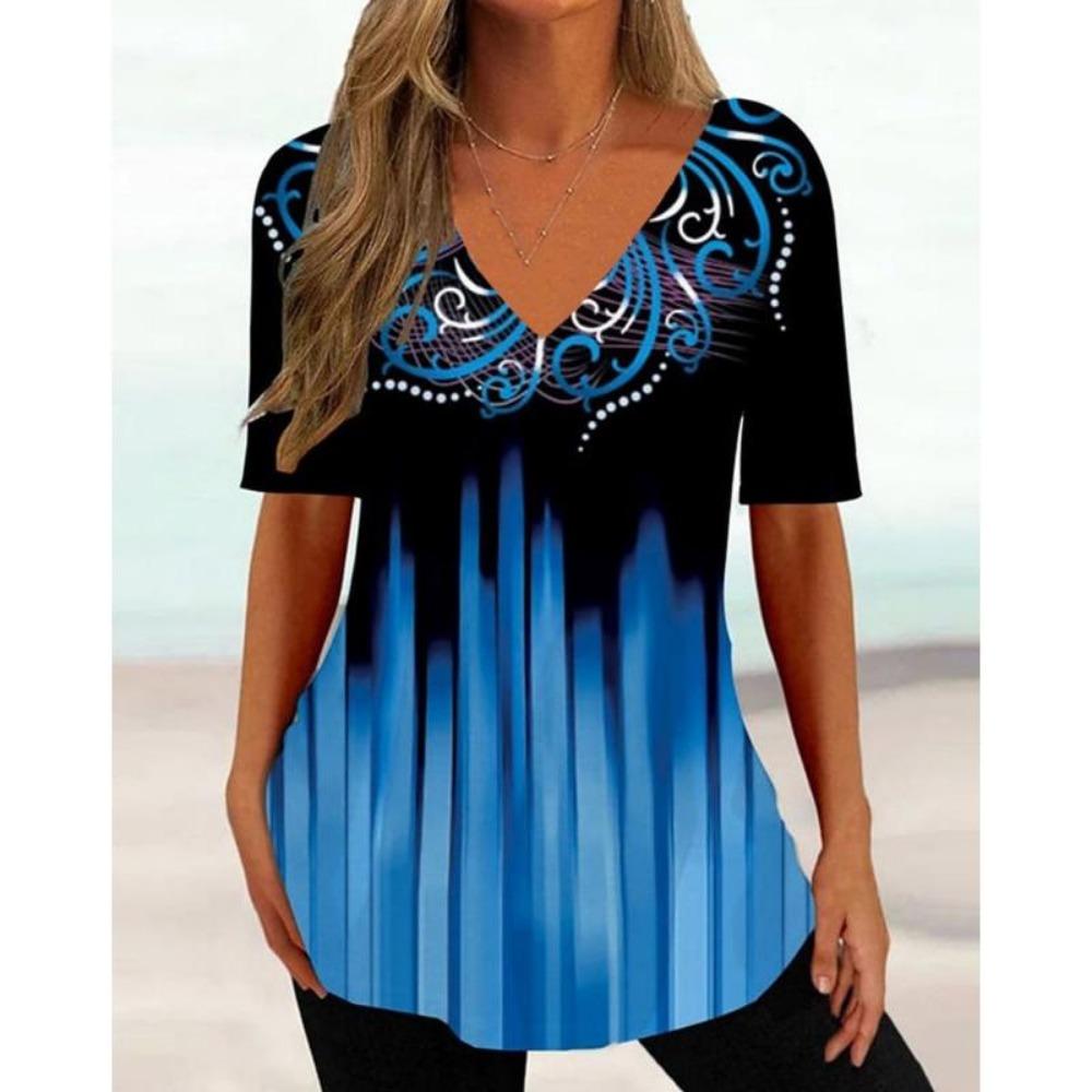 Mode Einfache Wellenkurve 3D-Druck T-Shirts Damen V-Ausschnitt Kurzarm T-Shirt Y2k Harajuku T-Shirts Lässige Tops Damenbekleidung