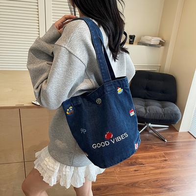 Large Capacity Denim Bag Women Embroidered Handbag Shoulder Bag