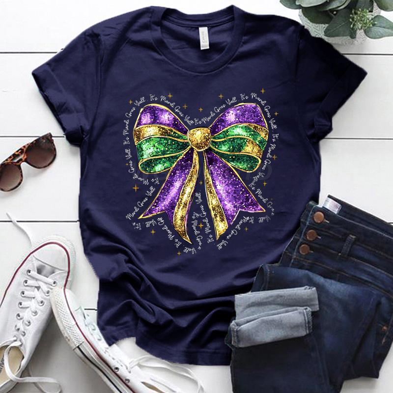Coquette Bow Mardi Gras Shirt for Women Carnival Glitter Bow Graphic Tee Fat Tuesday Shirt Mardi Gras Party Crew Neck Clothing