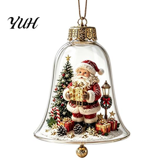 Vintage Christmas Tree Decor 3D Bell Ornament, Winter Scene Clear Decoration with Santa Holiday Home Atmosphere Enhancements Snowman Reindeer