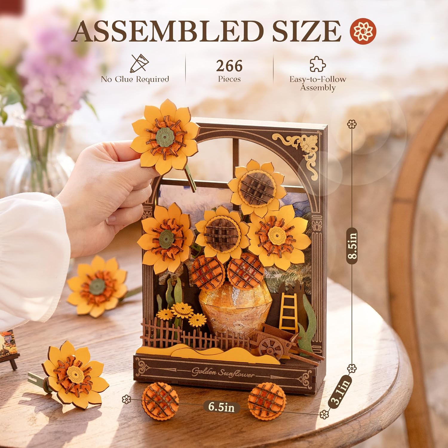 Robotime Glittering Water Lily 3d Wooden Puzzle Golden Sunflower with LED Light Flower Model Kits Tabletop Display Wall Art TH00