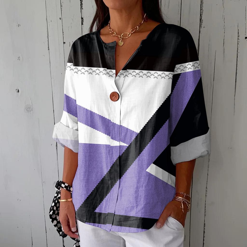 Women's Fashionable Casual V-neck Button Seven Quarter Sleeve Printed Cotton And Linen Top