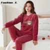 Thickened Warm Large Size Padded Fall and Winter Women's Pajamas Top and Pants Set Coral Velvet Ladies Cartoon Bear 2PCS/Set