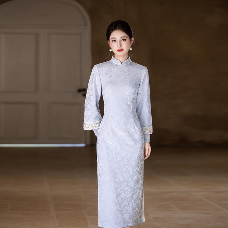 Blue national style new Chinese Suzhou long-sleeved autumn cheongsam improved young 1011 new women's high sense