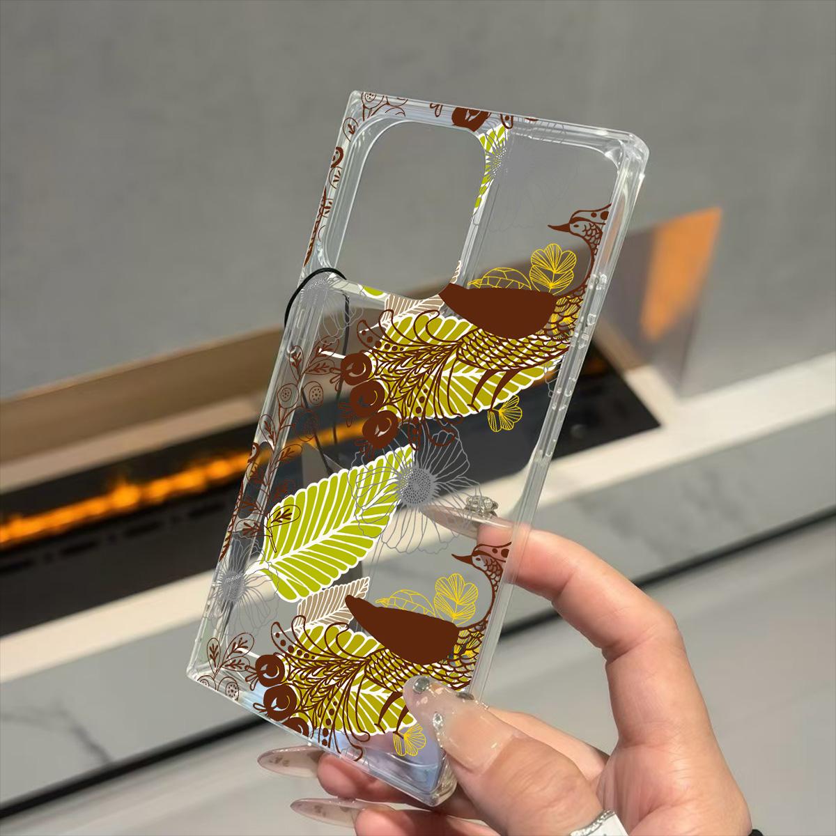 

Прозрачный квадратный чехол-накладка для iPhone 14 Pro Max 12 11 16 ProMax 15 Plus 13 Защита от кислорода, Чехол с узором из крупных перьев и листьев iphone 11 ProMax