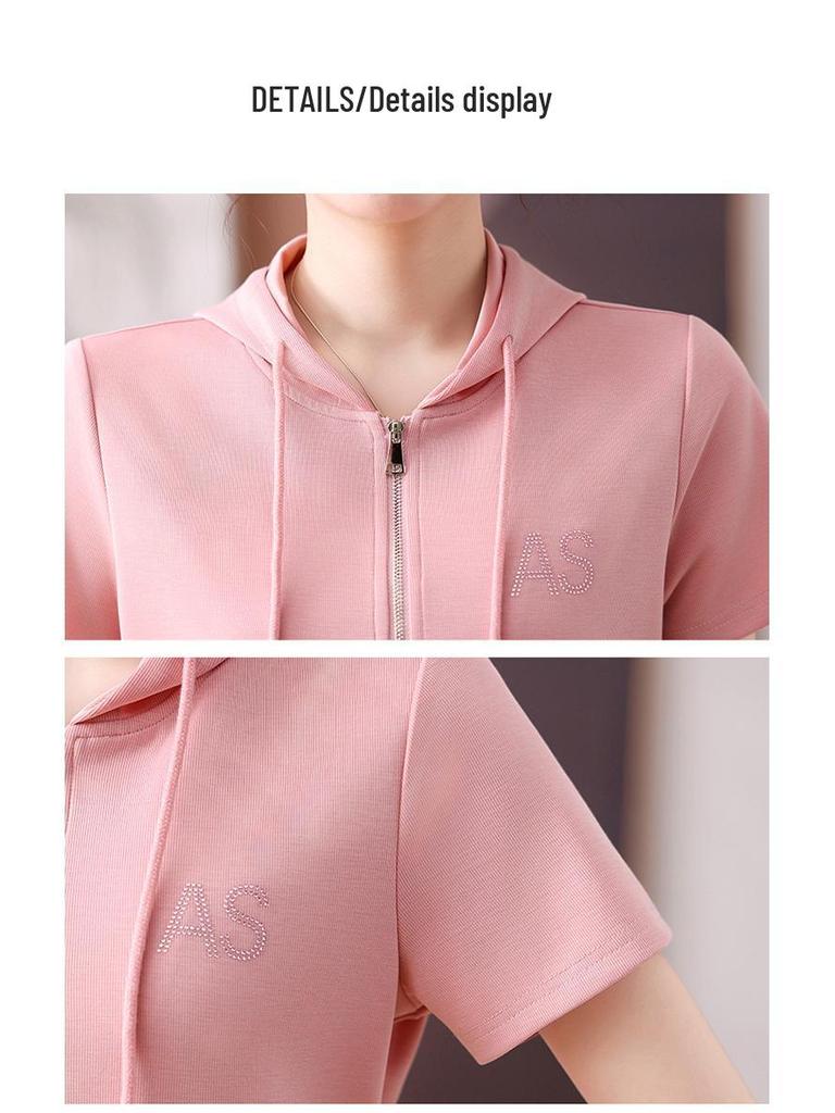 2026 Spring Casual Women's Half-Zip Hooded Sports Suit with Rhinestones - Two-Piece Set for Middle-Aged Moms