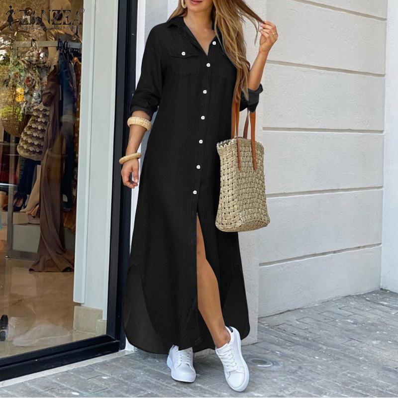 ZANZEA Women Casual Turn Down Collar Long Sleeve Vintage Long Shirt Dress