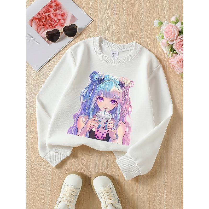 Kids Sweatshirt ,Crew Neck Fashion Top, Fun "Anime Girl Bubble Tea" Patterned Sweatshirt, for Everyday Casual Wear, for All Kinds of Daily Outfits