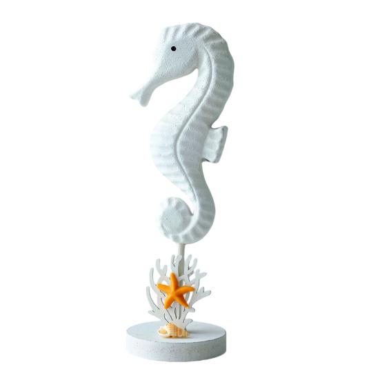 Wooden Seahorse Ornament with Round Base Rustic Seashell Starfish Seahorse Figurine Home Coastal Beach House Decoration