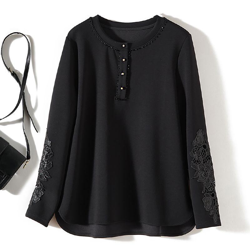 

Handmade String Diamond Beaded! High Quality Women s Cut Out Carved Long Sleeves round Neck T-shirt Fall and Winter Slimming Bottoming Top Black L