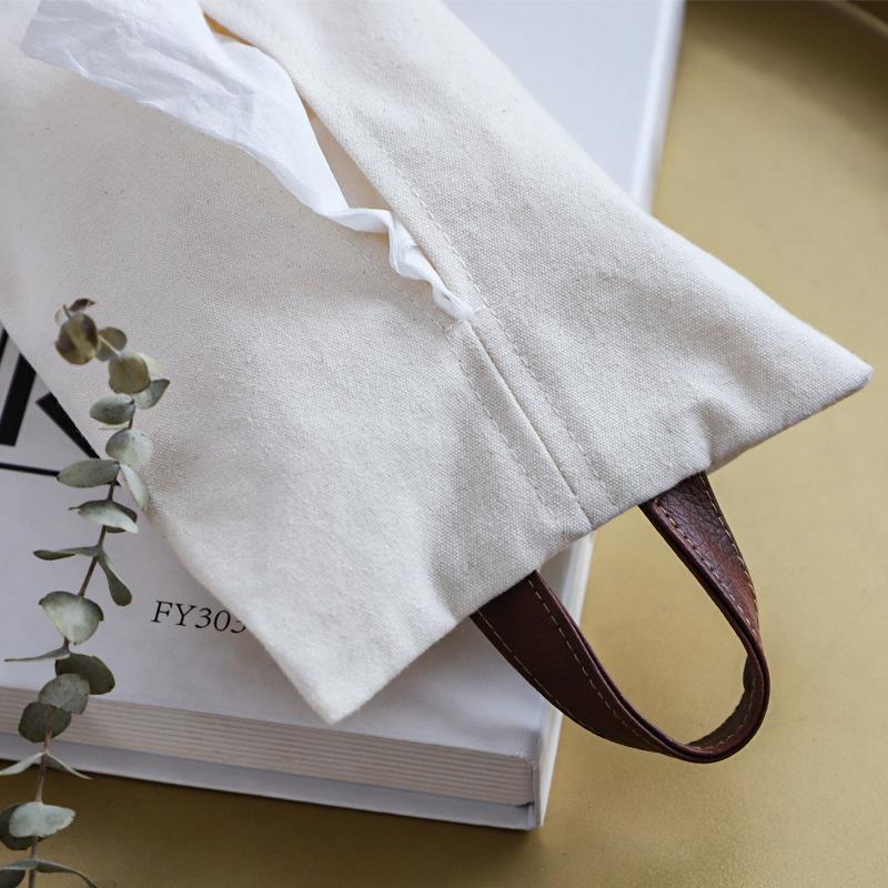 Cotton Linen Fabric Tissue Set Living Room Household Dining Table Paper Box Hanging Car Tissue Storage Bag Tissue Bag(Leather handle light gray)