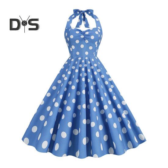 Women Vintage Dress 50s Retro A-line Big Swing Sleeveless Dot Print Contrast Color Elastic Bust Halter Neck High Tight Waist Backless Knee Length