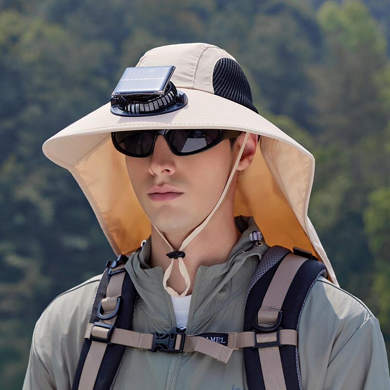 Solar Fan Hat with Neck Cover Wide Brim Sun Hat UV Protection Outdoor Fishing Hat Hiking Travel Hollow Mesh Summer Cooling Breathable Sun Cap