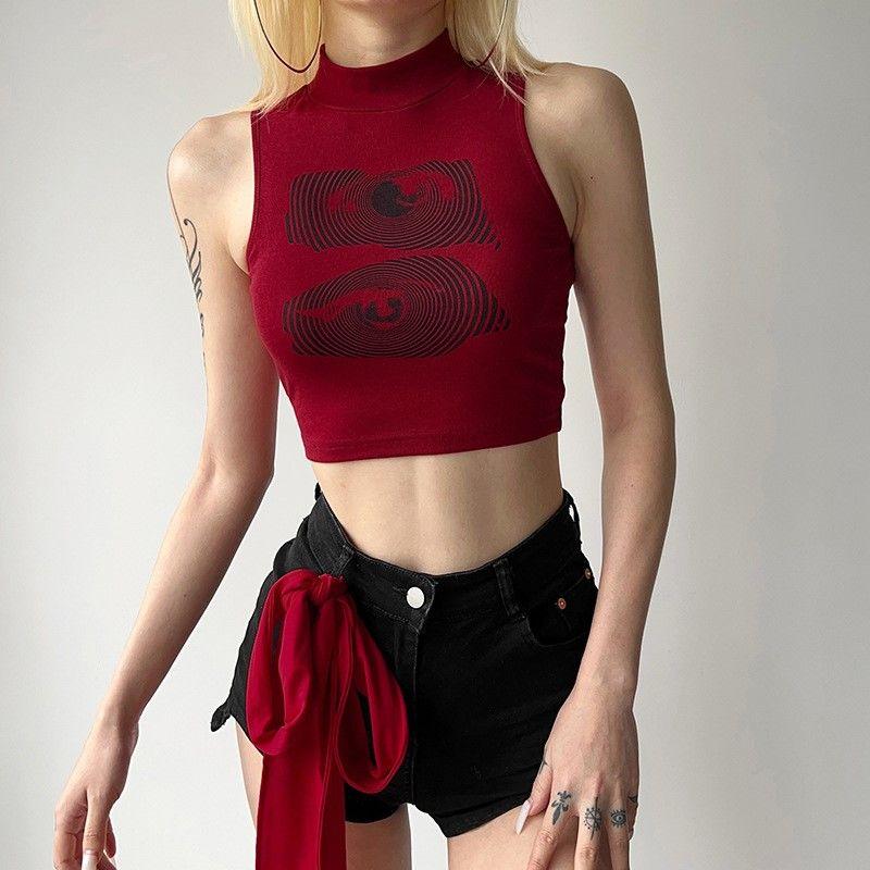 American Retro Personalized Printed Sleeveless Vest for Women In Summer Slim Fit for Wearing Outside Spicy Girl Suspender Red Top Trendy