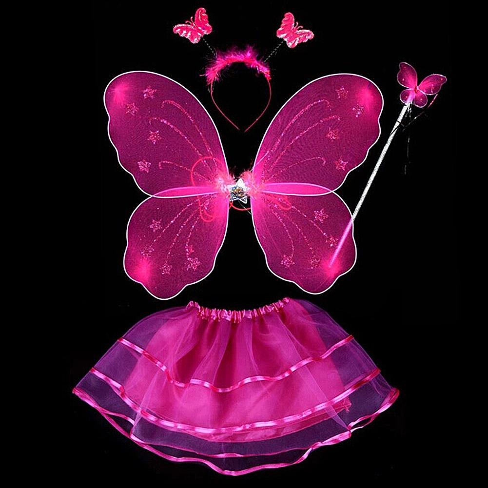 4Pcs Fairy Princess Children Costume Sets Butterfly Wings Wand Headband Tutu Skirt