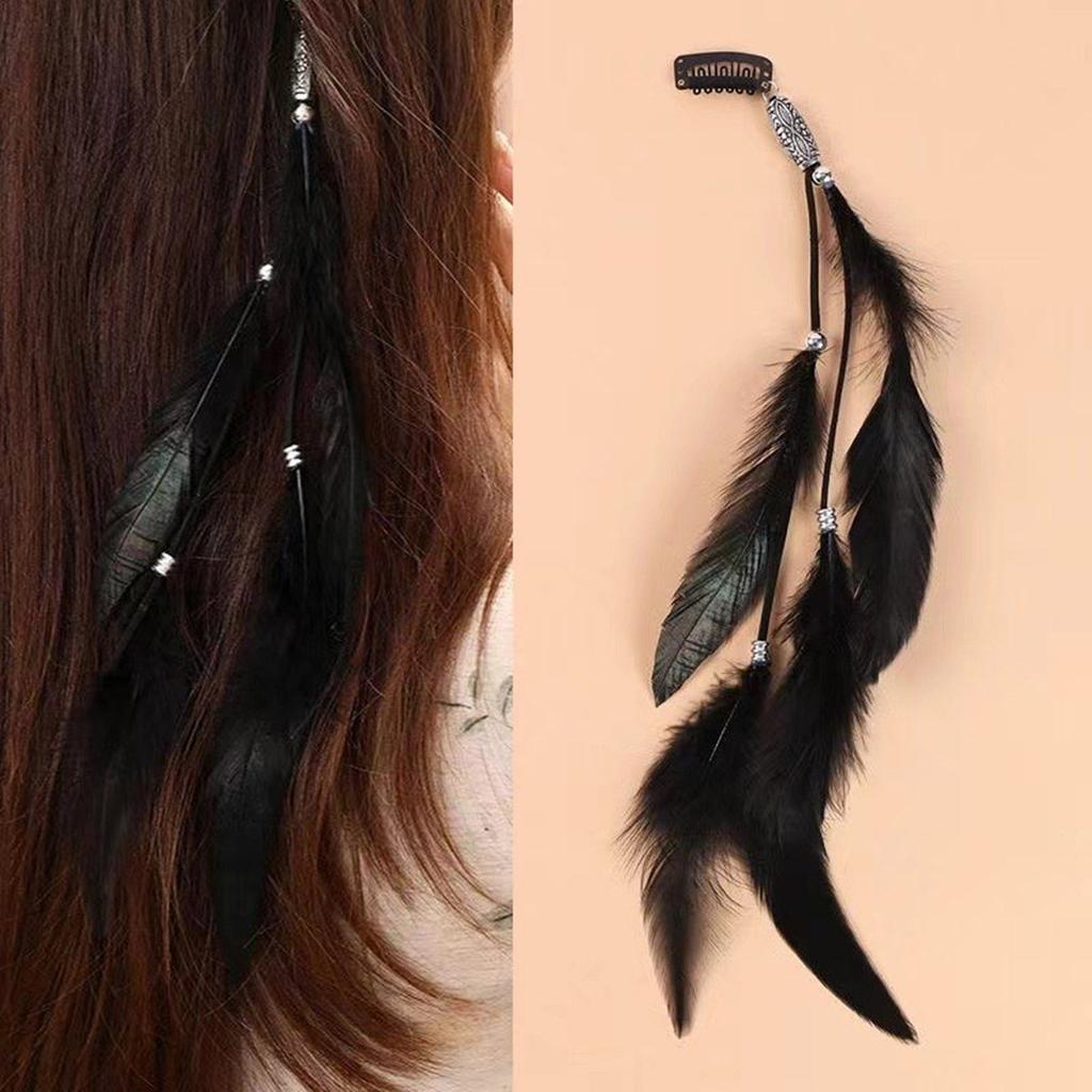 Bohemian Feather Tassels Hair Clip Long Headband for Women Vintage Ethnic Style Accessory for Festivals and Parties