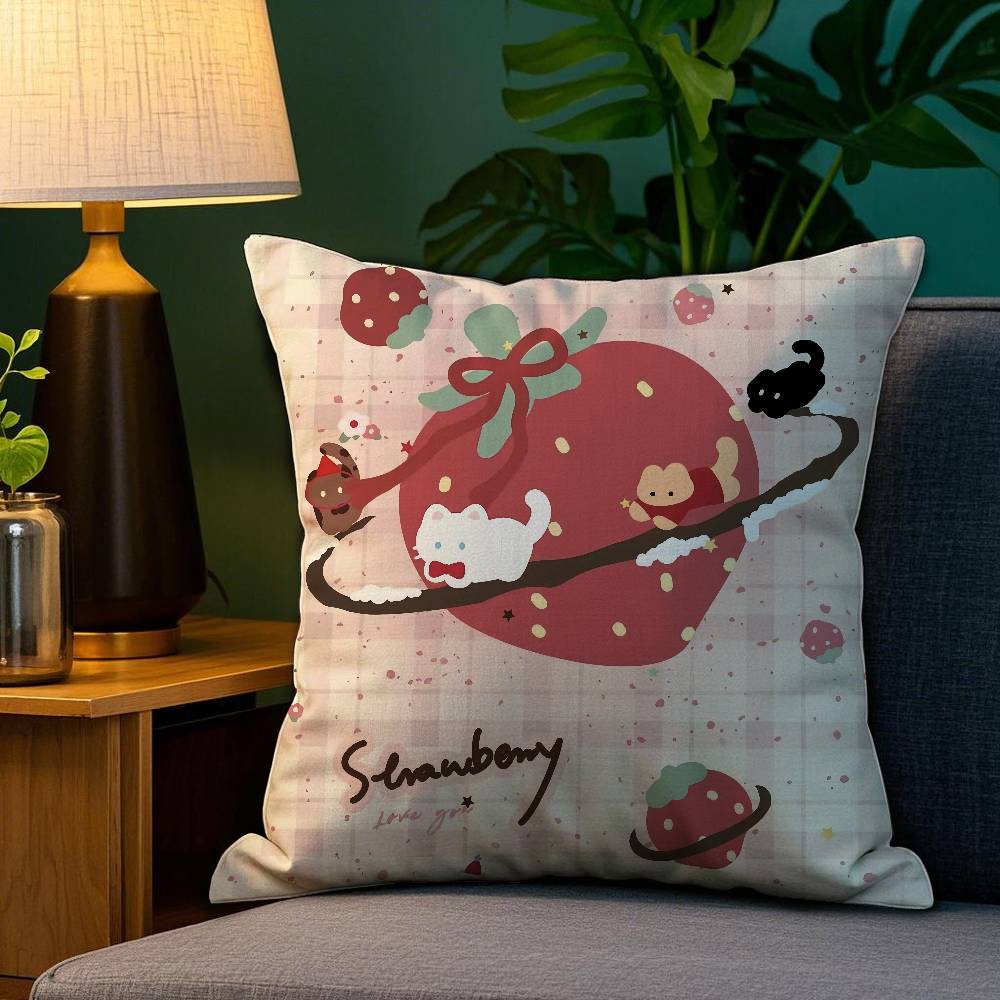 Niedlicher Erdbeerdruck Kissenbezug Sofa Wohnzimmer Schlafzimmer Doppelseitiger Druck Quadratisches Kissen Nickerchen Kissenbezug