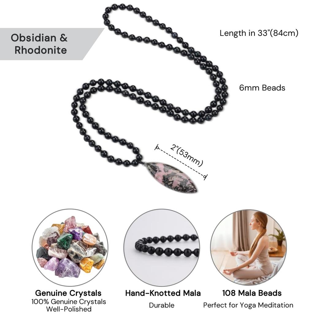 Rhodonite Leaf Obsidian Power Stone Unisex [COAI] 108-Bead Necklace,