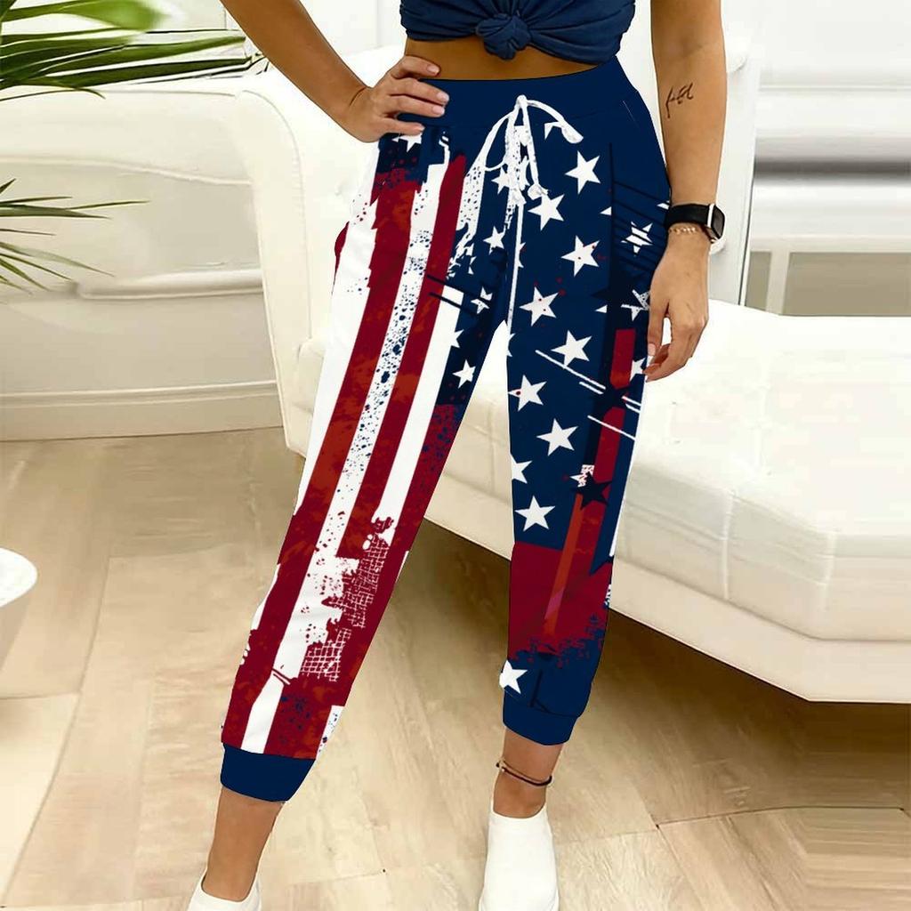 Yazlık Kadın Amerika Birleşik Devletleri Baskılı Eşofman Altı Bol Kesim Büzgü İpli Jogger Pantolon Elastik Bilekli Günlük Rahat Pantolon