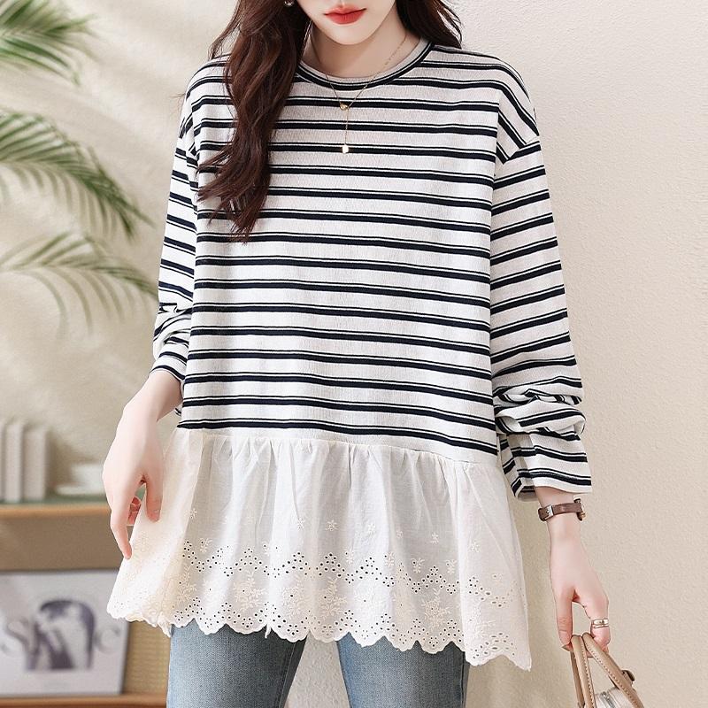 long sleeve oversized Knitted lace vintage stripe Casual loose spring autumn winter t shirt tops Women t-shirt