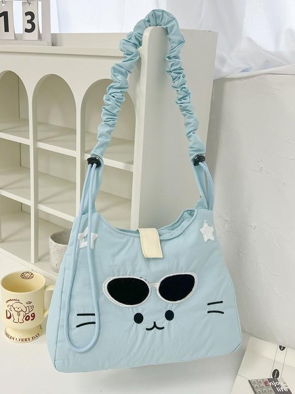 Korean Style Embroidered Cat Shoulder Bag With Nylon Material For Casual Daily Use
