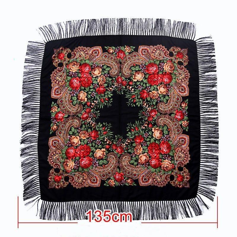 135*135Cm Women Russian Square Scarf Luxury Floral Print Bandana Scarves Babushka Handkerchief Fringed Blanket Shawl Head Wraps
