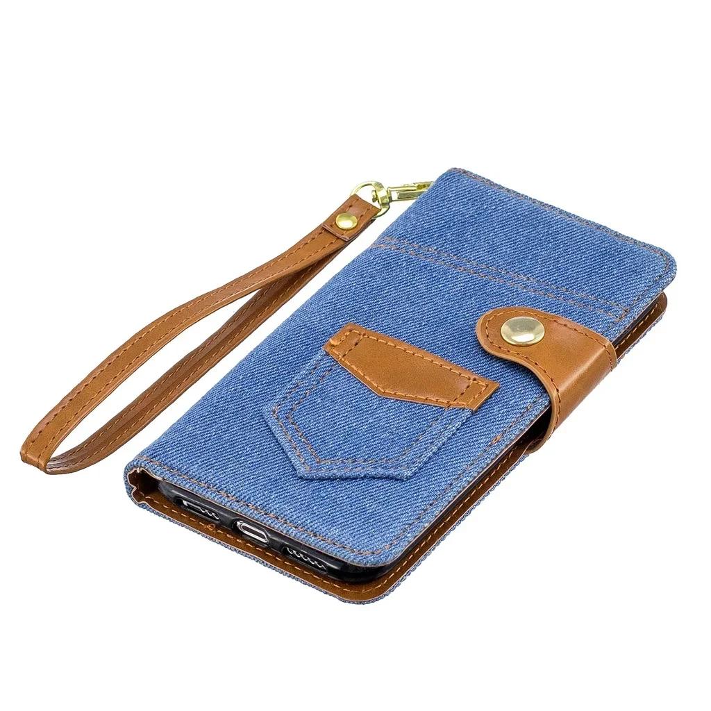 

Denim Contrasting Leather Strap Phone Case for iPhone 16 Pro Max 15 14 13 12 11 XR Xs Max X 7 8 Plus Card Slot Stand Flip Cover For iPhone 12ProMax светло-синий