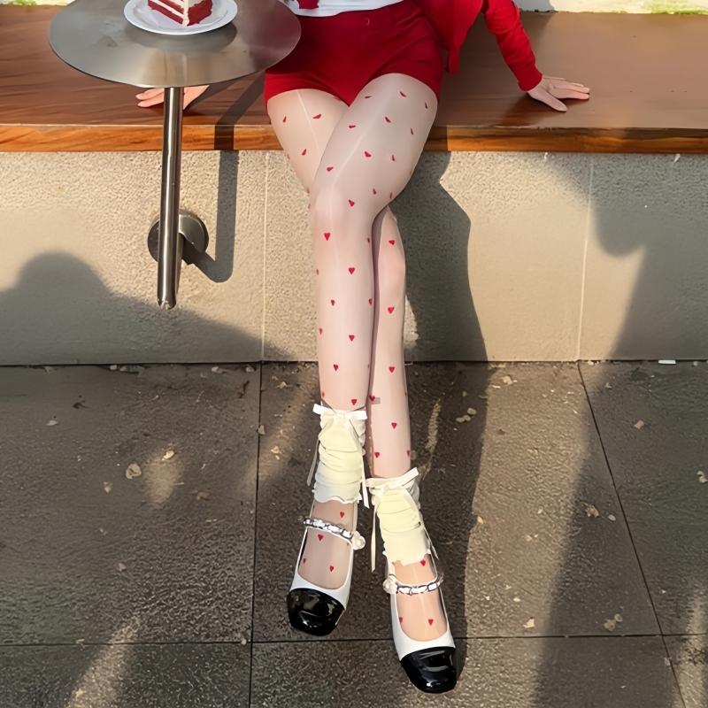 Women Sexy T Shape Open Crotch Tights Sweet Heart Printed High Waist Nylon Pantyhose 5D Oil Shiny Pole Dance Clubwear