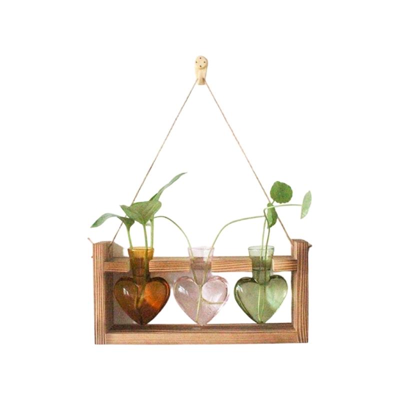 Modern Heart Shape Glass Vases Set With Wooden Frame Suitable For Hydroponic Plant Florals Displays And Home Styling