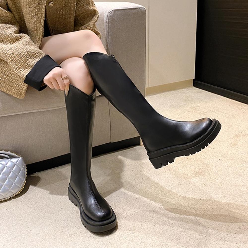 

New Women s Solid Color Back Zipper Design in Plus Size 35-42, Thick Soled High Heels, Autumn and Winter Knee High Boots 35