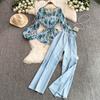 Mature Style Two-Piece Women's Suit: Loose Floral Pleated Shirt & High Waist Wide Leg Trousers