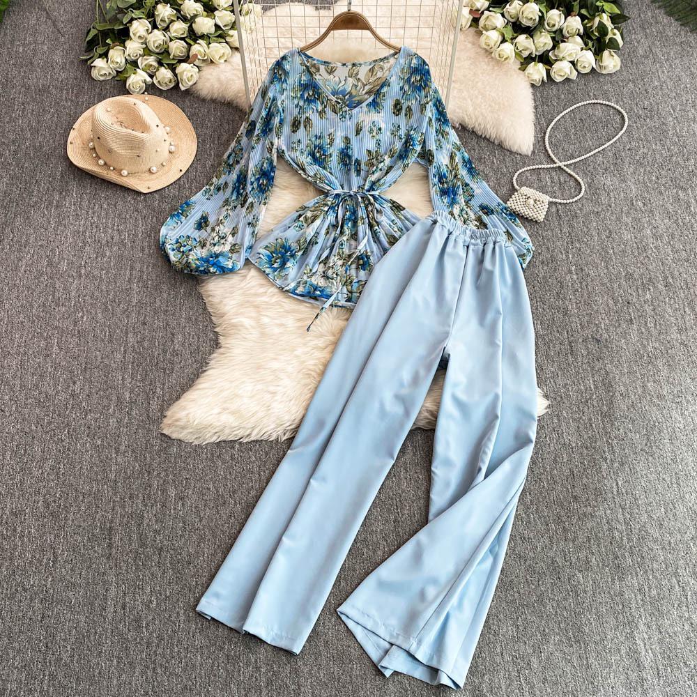 Mature Style Two-Piece Women's Suit: Loose Floral Pleated Shirt & High Waist Wide Leg Trousers