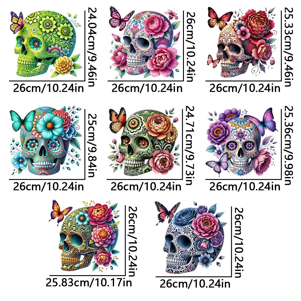 Vibrant Colors New Style Heat Transfer Print Sticker Floral Skull Series Iron-On Garment Patterns PET Waterproof Wear-Resistant