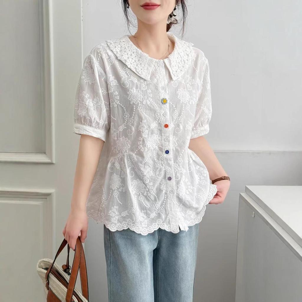 Dámská letní košile s límečkem Petra Pana 2025: Módní, Všestranná, Volná, Zeštíhlující, Omlazující, Halenka s krátkým rukávem