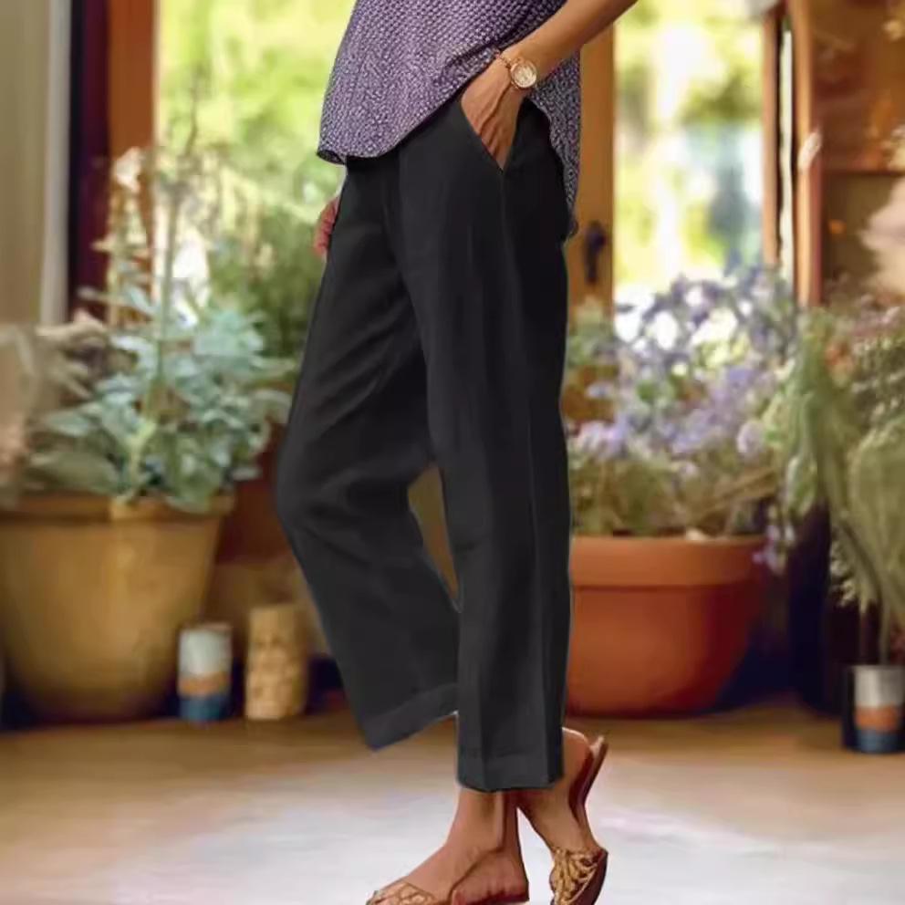 Baumwolle und Leinen Damen Loose Fashion Solid Color Gerade Freizeithose Damenbekleidung